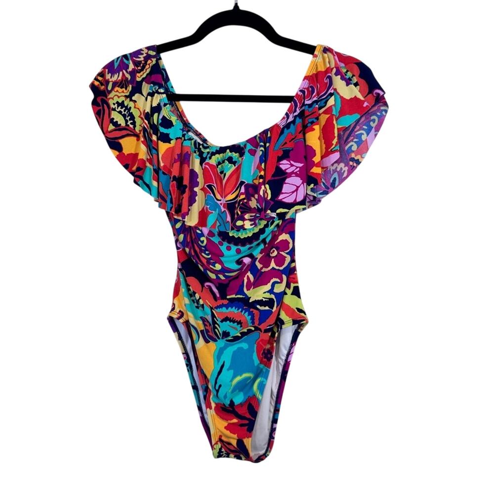 Tahari Multi Color Floral Ruffle One Piece Swimsuit Womens S Tropical Beach Vaca